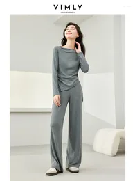 Women's Two Piece Pants Vimly Grey Casual Outfits Tracksuit Home Suit 2024 Spring Sports Sets Long Sleeve Top Wide Leg Pant Set M5887