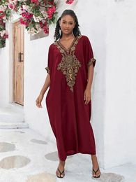 Casual Dresses 2024 Black Oversized Women Robe Embroidered Kaftan Bohemian Vacation Long Dress Swimsuit Cover Up Outfit Homewear Wrap Q1581