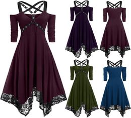 Gothic Women Black Goth Off Shoulder Lace Patchwork Punk Rock Strap Plus Size Sexy Vintage Midi Dress 2009299644528