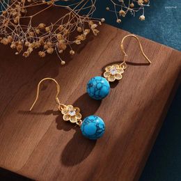 Dangle Earrings Vintage Court-style Ancient Gold Craft Inlaid Round Pearl Turquoise For Women Exquisite Crystal Flowers Eardrop Jewellery