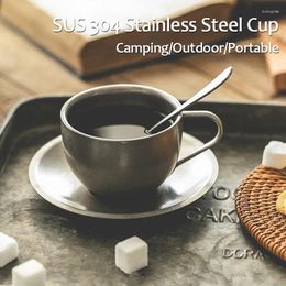 Mugs Vintage 304 Stainless Steel Coffee With Tray Dish Handle Mug Cup Outdoor Camping Frosted Cups Pography Props Tumblers