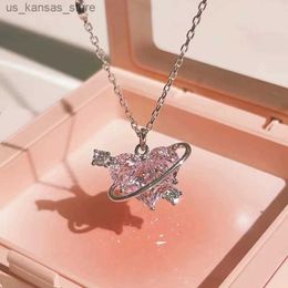 Pendant Necklaces Fashion Punk Chain Necklace Y2k Crystal Pink Zircon Heart Pendant Necklace for Women Elegant Charm Clavicle Choker Jewelry Gifts240408