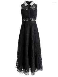 Casual Dresses 2024 Spring Summer Office Lady Black See Through Lace Patchwork Sleeveless Midi Dress