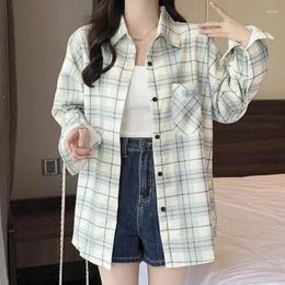 Women's Blouses Women Spring And Autumn Polo Collar Flocking Shirt Fashion Chequered Cardigan Button Pocket Panel Long Sleeve Versatile Tops