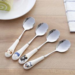 Coffee Scoops Korean Creative Cartoon Animal Ceramic Handle Stainless Steel Spoon Tea Child Meal Household Kitchen Supplies