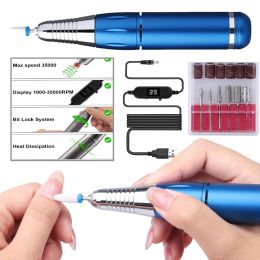 Drills Portable Electric Nail Drill 35000RPM Professional Drill for Acrylic Nails Gel Manicure USB Pedicure Polishing Shape + Display