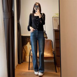 2024 Autumn Novo jeans reta de perna larga Cantura alta e magro de calças versáteis