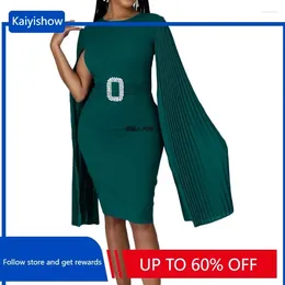 Ethnic Clothing Women Solid Slim Party Dress O Neck Pleated Cape Cloak Midi Length Bodycon Celebrate Occasion Wedding Guest Vestidos Large