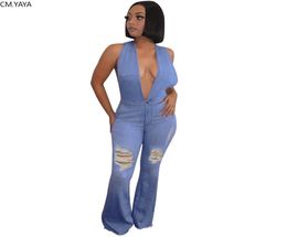 Women Jumpsuits Denim Deep Vneck Open Back Sleeveless Wide Leg Flare Jeans Jumpsuit Fashion Streetwear One Piece Overall Rompe9497401