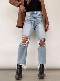 Women's Jeans Summer Women Stretch Skinny Ripped Lady High Waist Baggy Light Blue Pants Narrow Straight Leg Streetwear Vintage Trousers