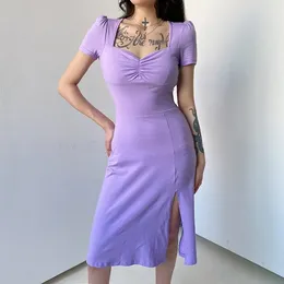 Casual Dresses Summer Purple Black Sexy Split Square Neck Dress Women 2024 Korean High Waist Slim Body Fold Woman Solid