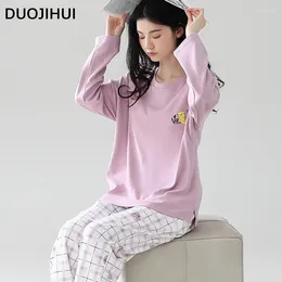 Home Clothing DUOJIHUI Contrast Colour Chicly Print Female Pyjamas Set Autumn O-neck Pullover Basic Pant Simple Loose Fashion For Women