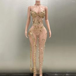 Casual Dresses Luxury Rhinestones Pearls Sexy Strapless See Through Sheath Dress Evening Party Performance Costume Bar Nightclub Stage Wear