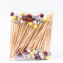 Disposable Flatware 500pcs Creative Football Fruit Pick Food Bamboo Stick Fork Basketball Baseball Tennis Sport Theme