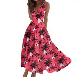 Casual Dresses Women'S Hawaiian Floral Print Long Skirt With V-Neck And Sleeveless Fashionable Beach Korean Reviews Many Clothes