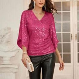 Women's Blouses Puffy Balloon Sleeve Shirt Sequin Hollow Out V Neck Blouse For Women Three Quarter Soft Breathable Pullover Lady