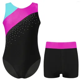 Stage Wear Kids Girls Gymnastics Dance Sets Sleeveless Skating Leotards With Shorts Clothes Set Teens Exercise Ballet Tutu Bodysuit