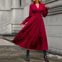 Casual Dresses Simple Style Dress Elegant V-neck A-line Midi With Pleated Patchwork High Waist For Women Solid Colour Long Sleeve Soft