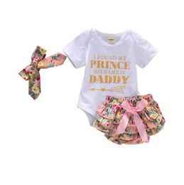 Baby Girl Romper Outfits Letter Crown Printed Tops Bow Pearls Tutu Sequined Shorts With Headband ThreePiece Set Kids Casual Cloth5421231