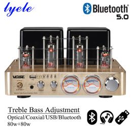 Amplifier Lyele Audio 6F1 Vacuum Tube Amplifier Headphone Amplifier Bluetooth 5.0 Vu Metre 80W*2 Usb Player MP3 Optical Coaxial Input Amp