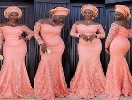 African Coral Bridesmaid Dresses Mermaid Long Vintage Full Lace Formal Evening Gowns Off The Shoudler Long Sleeves Mother of The B3789419