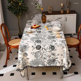 Table Cloth 2024 American Nordic Style Tablecloth Cotton Linen Rose Printed Dining Mat Living Room Coffee