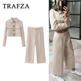 Women's Two Piece Pants TRAFZA 2024 Women Spring Office Lady Suits Short Single Breasted Blazers Zipper Wide Leg Long Elegant Casual Sets