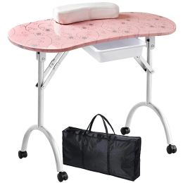 Dresses Manicure Nail Table Portable Folding Station Desk Movable Table for Home Beauty Salon with Sponge Wrist Cushion Drawer Carry Bag