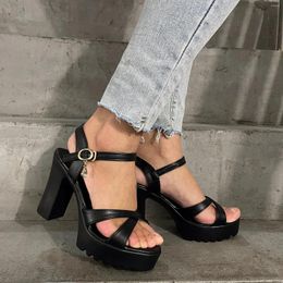 Sandals Leather Cross Strap High Heeleds Shoes Ladies Fashion Fish Mouth Thick Sole Buckle Elegant Business For Women