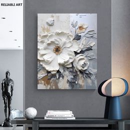 Floral Impasto Style Poster,Abstract White Flowers Canvas Painting,Print Wall Art Picture, Modern Living Room Decor Unframed