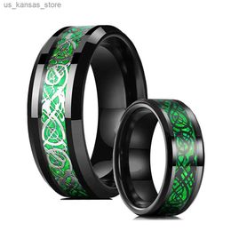 Cluster Rings Fashionable green carbon fiber inlaid black tungsten wedding ring for mens stainless steel ring Celtic dragon ring mens wedding ring240408