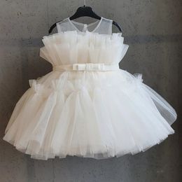 Baby Girls Tulle Princess Dress Flower Elegant 1st Baptism Birthday Party Ball Gown Sleeveless Kids Wedding Evening Formal Dress 240407