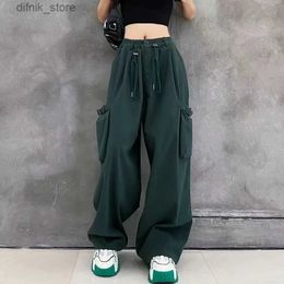 Women's Jeans Strtwear Fashion Women Solid Cotton Cargo Pants Elastic Waist Hip Hop Vintage Wide Leg Straight Oversize Loose Casual Trousers Y240408