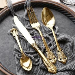 Vintage Western Gold Plated Cutlery Dining Knives Forks Teaspoons Set Golden Luxury Dinnerware Engraving Tableware 01 ZZ