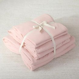 Bedding Sets 4pcs Cotton Soft Jersey Knit Fabric Elegant Pink For Girls Lady Solid Color Bed Set With Quilt Cover And Fitted Sheet