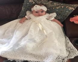 Vintage Baby Bambino Dress Dress Girls Battismo abito Battesimo White Ivory Lace Perle Cristalli con fascia di testa Nuovo arrivo274J4299121