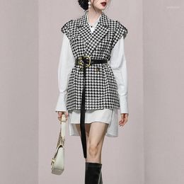 Work Dresses Autumn Winter Plaid Tweed Notched Collar Double-Breasted Belt Vest Suits White Lapel Loose Irregular Shirt Dress 2 Pcs Set