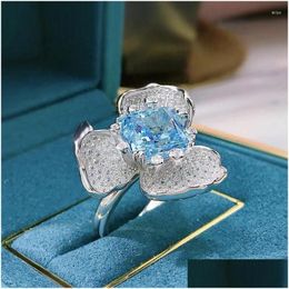Cluster Rings Springlady Big Flower 10Mm Aquamarine Diamond Ring 925 Sterling Sier Party Band For Women Bridal Jewellery Gift Drop Deliv Otpzx