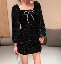 Casual Dresses Women Black Swan Dress Annual Meeting Christmas Party Bow Decoration Heavy Beaded Velvet