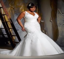 Plus size Vintage Wedding Dresses lace mermaid V neckline belt Bridal Gown modest Bridal Gowns plus size wed dress5866958