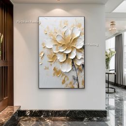 Gold Floral Arrangement Textured Oil Painting Hand Painted White Flowers Wall Art Gold Wall Art Decoration For living Room Decoration Gift