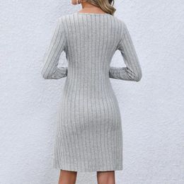 Casual Dresses Sping Dress Highly Elastic Women Chic V-neck Striped Button A-line Flattering Big Hem Tight Waist For Fall/winter