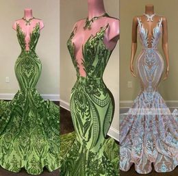 2023 Sparkly Sequin Olive Green Mermaid African Prom Dresses Black Girls Long Graduation Dress Plus Size Formal Evening Gowns BC111238926