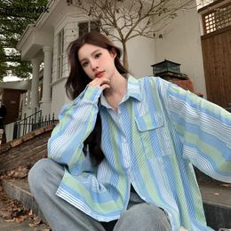 Women's Blouses Striped Shirts Women Contrast Color Loose Spring Autumn All-match Daily Long Sleeve Korean Commuting Style Clothing College