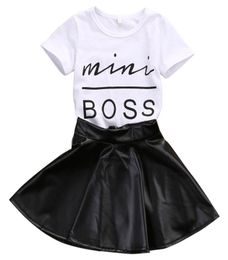 New Fashion Toddler Kids Girl Clothes Set Summer Short Sleeve Mini Boss Tshirt Tops Leather Skirt 2PCS Outfit Child Suit7542277