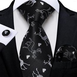 Bow Ties 2024 Christmas For Men Black Silver Elk Print Novelty Party Accessories Gift 8cm Silk Necktie Handkerchief Cufflinks