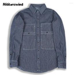 Men's Casual Shirts American Denim Shirt Men Striped Long Sleeve Button Up Male Cotton Breathable Safari Style Large Pockets Work