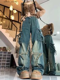 Women's Jeans 2023 Y2K Strtwear Star Embroidery Baggy Stacked Cargo Jeans Pants For Women Clothing Straight Lady Wide Leg Old Denim Trousers Y240408