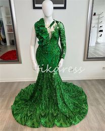 Luxury Green Plus Size Prom Dresses Sparkly Sequin One Shoulder Mermaid Evening Gowns 2024 Black Girls Formal Birthday Party Aso Ebi Vestidos De Noche robe de soiree