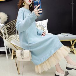 Casual Dresses Autumn Winter Loose Knitted Women Lace Patchwork Sweater Dress Female Long Sleeve Vestidos AB2024